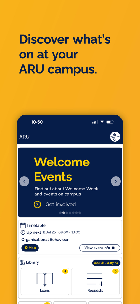 ARU-Universitäts-App-Oberfläche mit Studenten-Stundenplan, Bibliotheksausleihen und Campus-Veranstaltungen