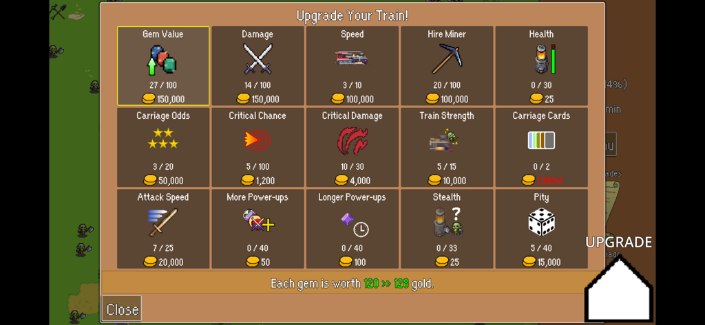 All Aboard! Defense Express - In-game menu showing various train upgrades including damage speed and health in All Aboard Defense Express