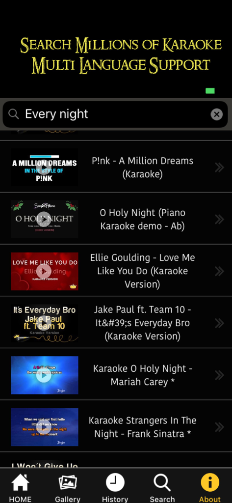 Ein Suchbildschirm für Karaoke-Songs, der eine Liste verfügbarer Titel wie P!nk und Frank Sinatra zeigt.