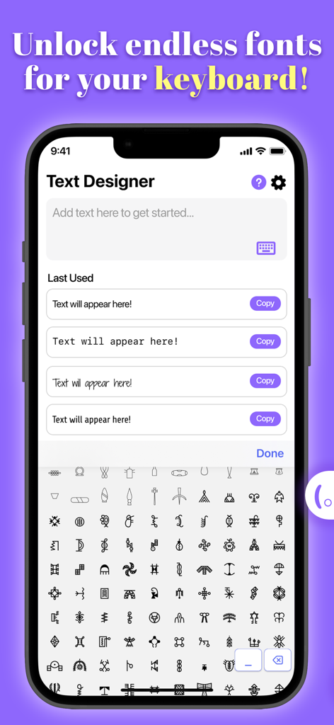 Text Designer - Font Keyboard - iPhone screen showing the Text Designer app interface with decorative fonts and a symbol keyboard