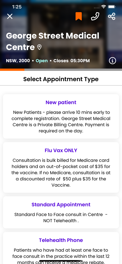 EasyVisit - Mobile app screen for selecting appointment types at George Street Medical Centre including telehealth and standard visits