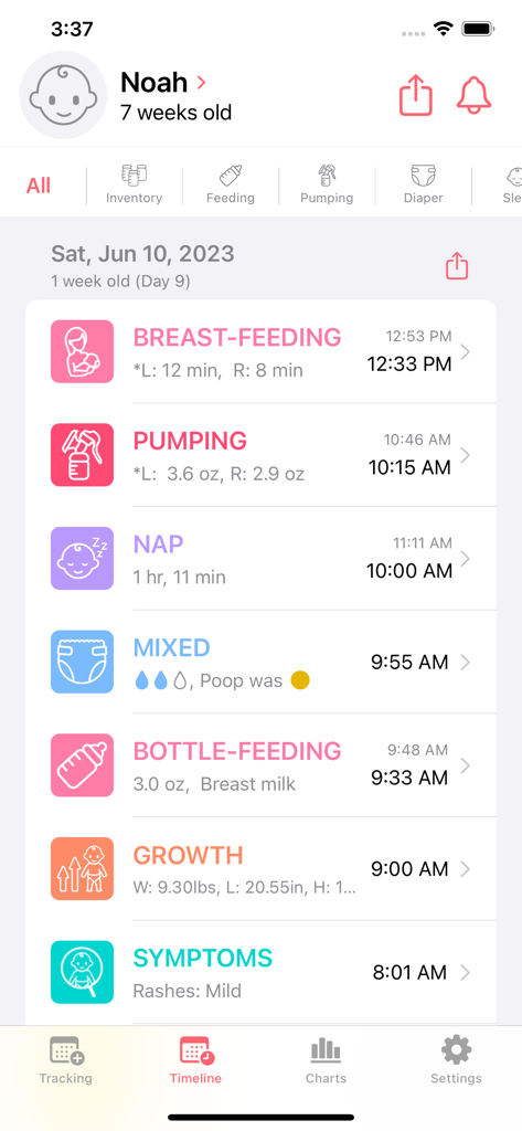 Newborn Tracker Baby App adamo - Adamoベビートラッカーアプリのデイリーアクティビティタイムライン。新生児の授乳、睡眠、健康記録が表示されています。