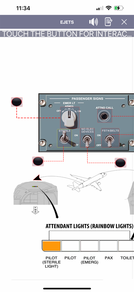 E-JETS Virtual Panel - Interactive training diagram of the passenger signs control panel and attendant rainbow lights for E-Jets