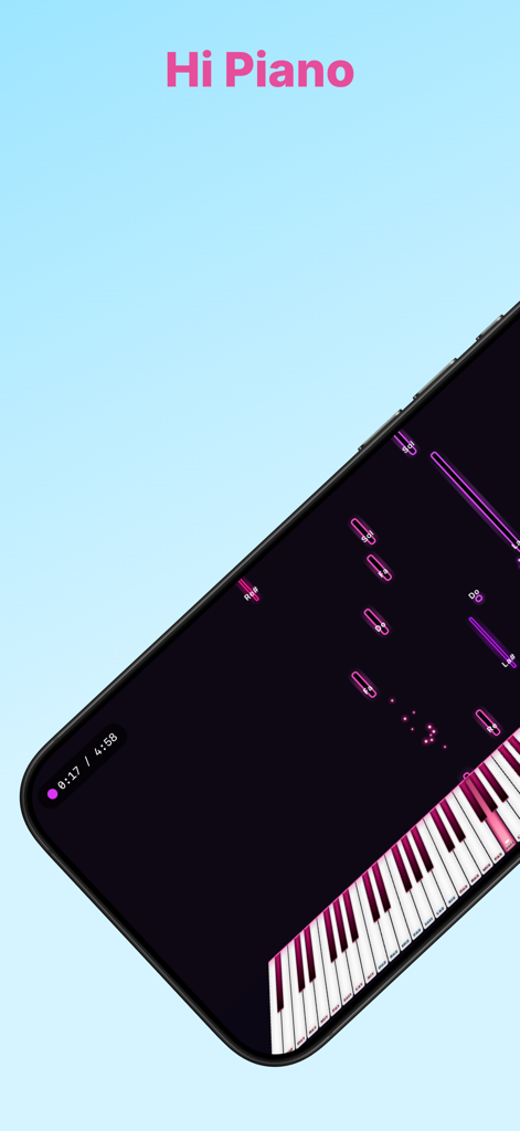 Hi Piano - Hi Piano app interface showing a virtual keyboard with falling musical notes for learning.