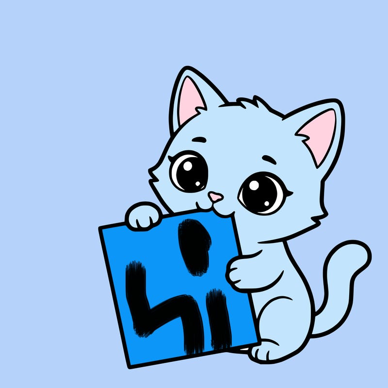 a small cat with a blank sheet of paper in its hand. the cat is sooooooo cute!