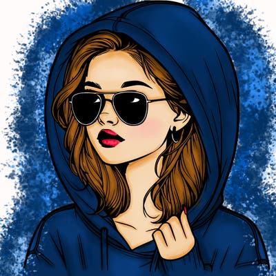 realistic teenage girl, wearing a hoodie and sunglasses