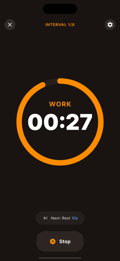 New Interval Timer - Active workout interval session showing twenty-seven seconds remaining on a dark minimalist timer
