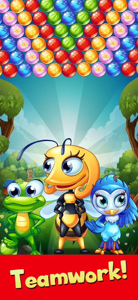 Forest Rescue: Bubble POP - Tre adorabili personaggi di animali del bosco in piedi insieme sotto bolle colorate con la parola Teamwork.