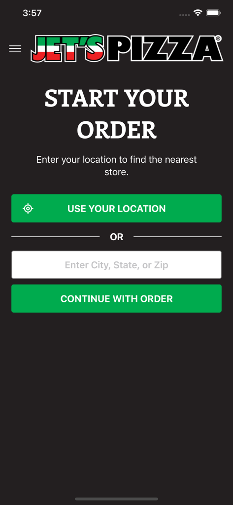 Tela inicial do aplicativo Jets Pizza com localizador de localização
