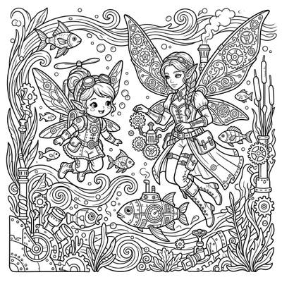 Explore an extraordinary blend of fantasy and engineering with our Steampunk Water Fairies coloring page. This intricate design showcases two enchanting fairies in a bustling underwater world, ready for your creative touch.