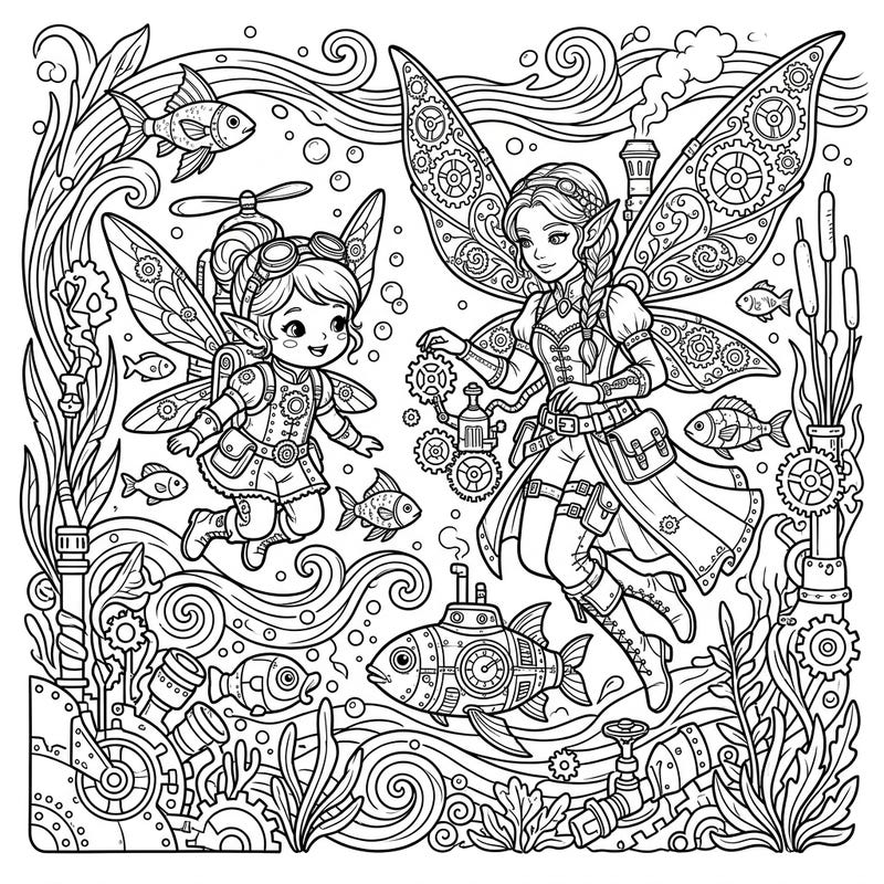 Explore an extraordinary blend of fantasy and engineering with our Steampunk Water Fairies coloring page. This intricate design showcases two enchanting fairies in a bustling underwater world, ready for your creative touch.