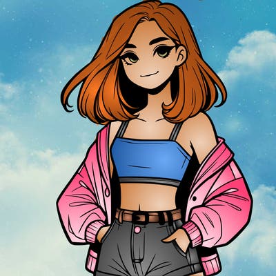 a realistic girl with a crop top and short shorts in an open jacket