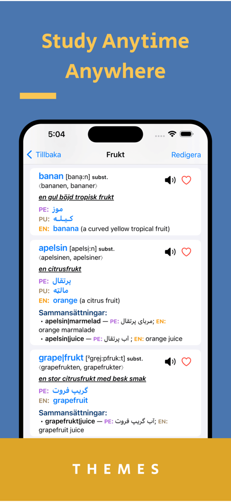 Lexin Offline - Lexin Offline muestra vocabulario de frutas suecas con traducciones y pronunciaciones fonéticas.