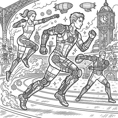 Experience the thrilling blend of past and future with this unique coloring page featuring bionic athletes in a detailed steampunk world. Gears, steam, and cybernetic enhancements combine for an exhilarating race scene awaiting your vibrant touch.
