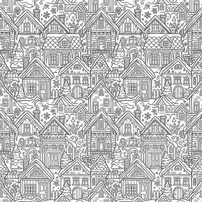 Step into a charming Winter Wonderland with our intricate house tessellations coloring page. This delightful design features a seamless pattern of snow-covered homes and frosted trees, perfect for a relaxing creative escape.