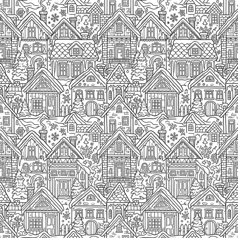 Step into a charming Winter Wonderland with our intricate house tessellations coloring page. This delightful design features a seamless pattern of snow-covered homes and frosted trees, perfect for a relaxing creative escape.
