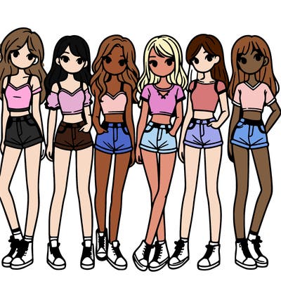 a group of girls wearing crop tops and shorts