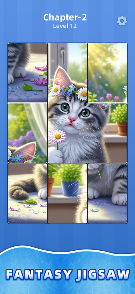 Jigsaw Snap: Tile Puzzle - Jigsaw Snap tile puzzle interface featuring a cute kitten with a flower crown.