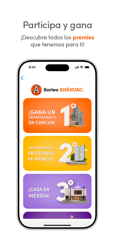 Sorteo Anahuac App-Oberfläche, die Tombola-Preise anzeigt, darunter Luxuswohnungen in Cancun und Häuser in Merida.