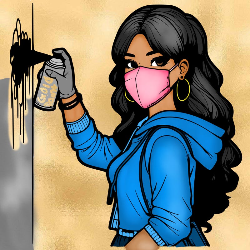 realistic girl with mask spray painting a wall