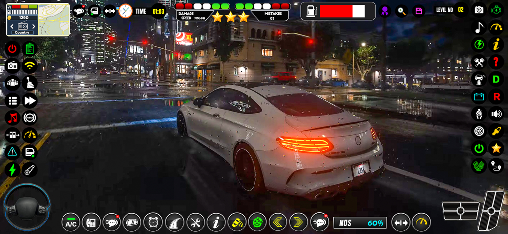 Urban Hard Park & Keep in Rule - Un coche deportivo blanco conduciendo por una ciudad por la noche en el juego de simulación móvil Urban Hard Park