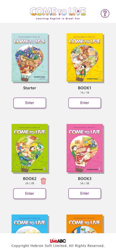 Come To Live AR app interface displaying a selection of English learning book covers and enter buttons
