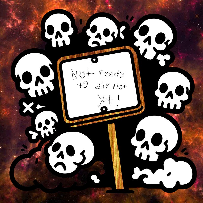 a white sign in the middle of the image with a few skulls around it