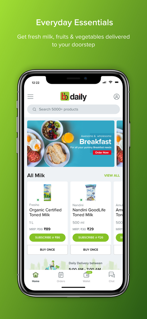 bbdaily - bbdaily app interface showing fresh milk subscription options and breakfast essentials for home delivery