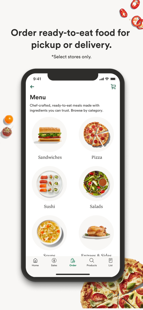 Whole Foods Market app menu showing ready-to-eat food categories like sandwiches pizza sushi and salads for pickup or delivery