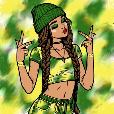 realistic teenage girl with braids and a beanie and crop top doing 🫶🏼