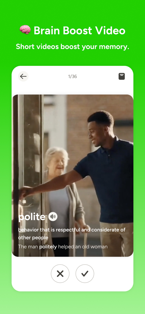 Quik: Magical Vocab Memory - Una captura de pantalla de la aplicación Quik que muestra un video 'Brain Boost' con una mnemotecnia para la palabra 'polite'.