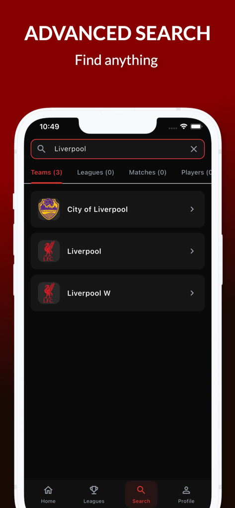 Sporium - Live Football Scores - Advanced search interface of the Sporium football app showing results for teams like Liverpool in dark mode