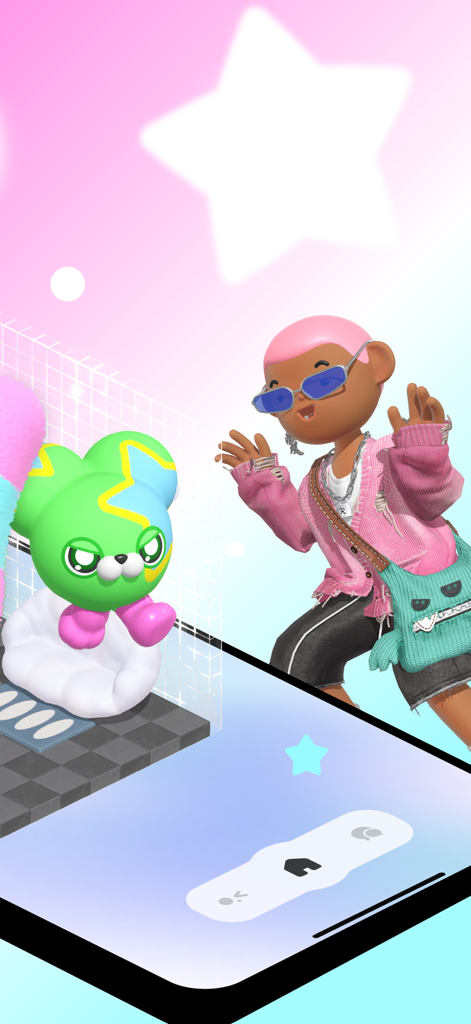 DokiDoki-Couple's Pet - A stylish 3D character and a colorful alien pet in a cozy virtual room