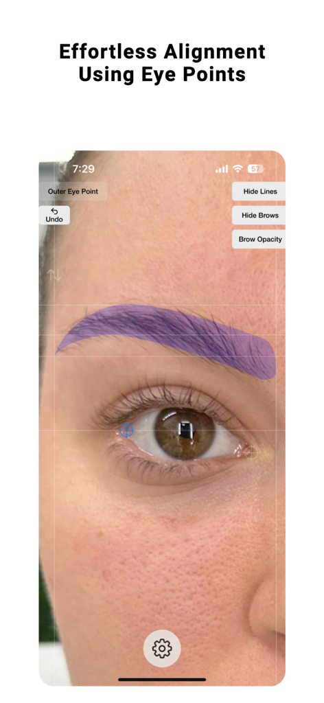 Brow Designer - Interface do aplicativo Brow Designer para alinhamento de sobrancelhas usando pontos dos olhos