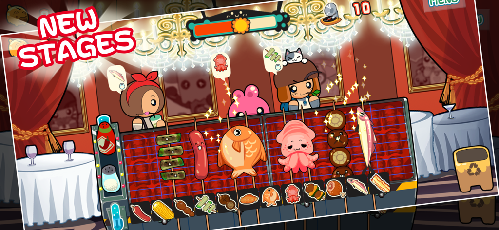 Cartoon gameplay of BBQ Cooking Master showing various skewers like fish and octopus on a grill with customers waiting in a restaurant