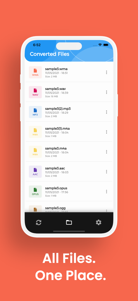 WMA Converter, WMA to MP3 - List of converted audio files in different formats within the WMA Converter app