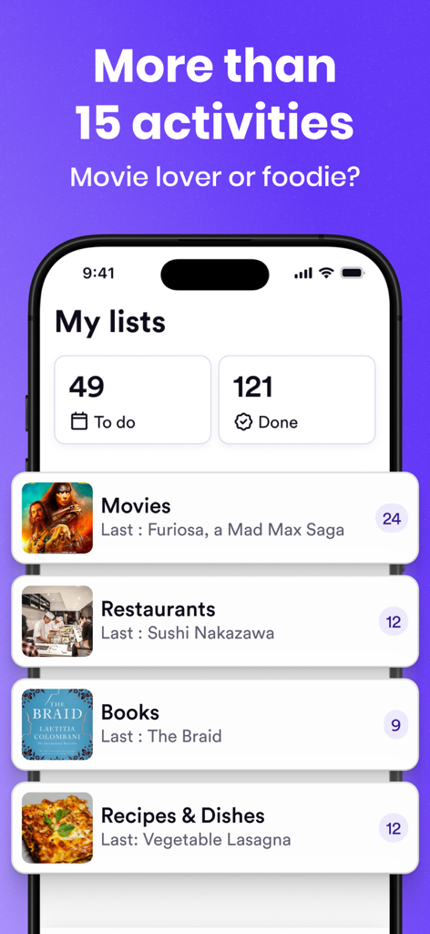 La pantalla de Listas de Actividad de la aplicación Memorizer que muestra categorías para películas, libros, restaurantes y recetas con estadísticas de tareas pendientes y completadas