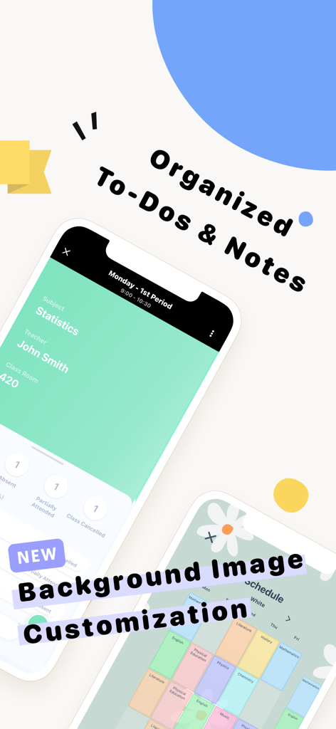 Schooly | School Planner - Schooly-Schulplaner-App-Oberfläche mit organisierten Notizen und Anpassung des Hintergrundbilds für Stundenpläne.