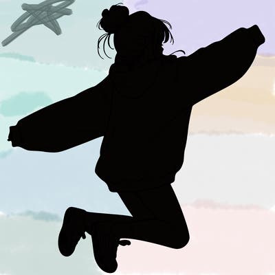 realistic girl jumping with a bun and oversized sweatshirt
