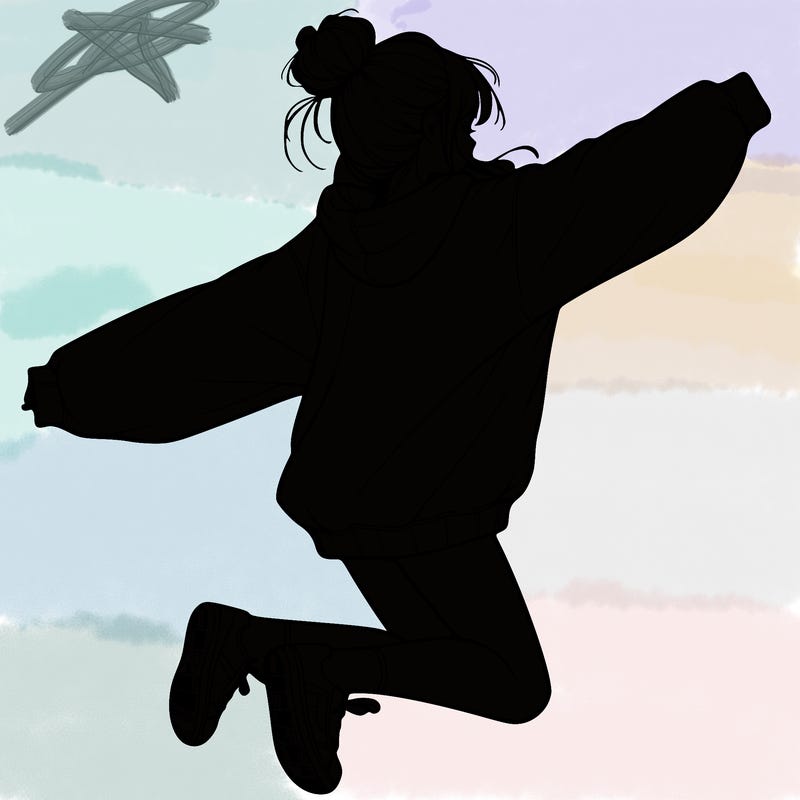 realistic girl jumping with a bun and oversized sweatshirt