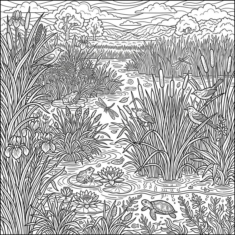 Immerse yourself in the intricate beauty of a freshwater marsh with this captivating coloring page. Discover a diverse ecosystem teeming with life, from playful frogs to graceful birds, all waiting for your creative touch.
