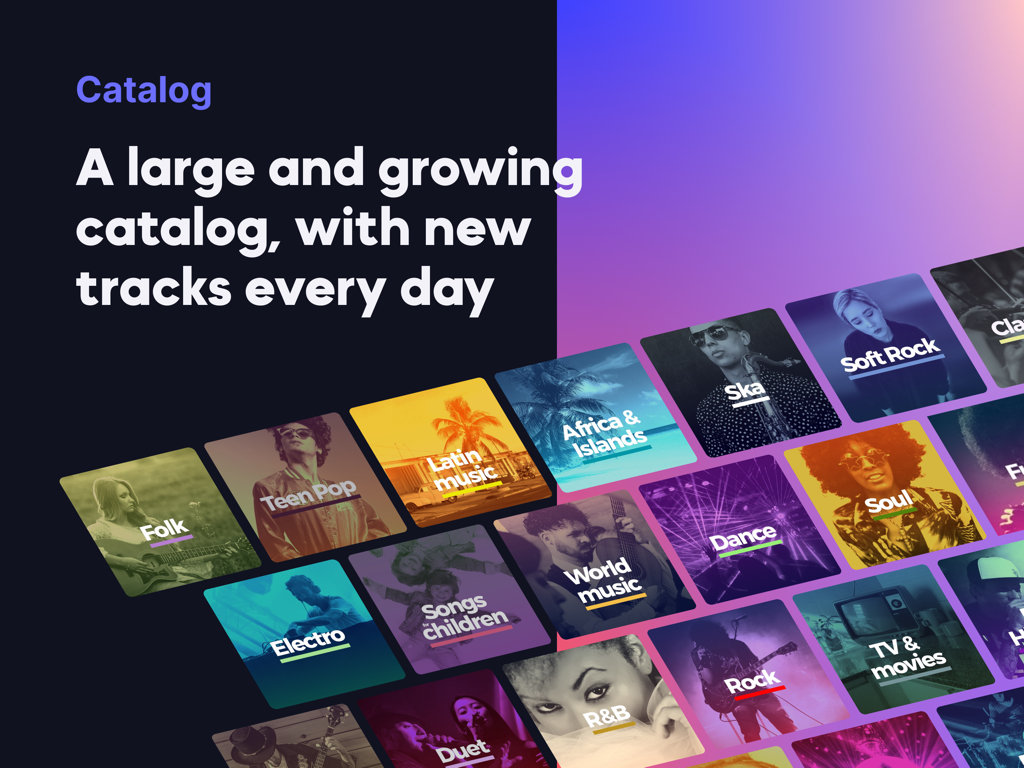 KaraFun Business - Un catálogo de música de karaoke grande y en crecimiento que presenta varios géneros como Rock, Soul, R&B y música latina, mostrado como una cuadrícula de miniaturas coloridas.