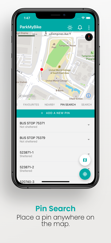 ParkMyBike app interface showing the Pin Search feature on a map with a list of nearby bicycle parking spots.