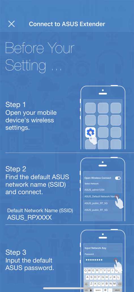 ASUS Extender - Three step guide to connect a mobile device to an ASUS Extender network including wireless settings and password entry