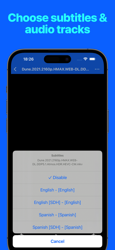Interfaz para elegir subtítulos y pistas de audio en la aplicación Explorador de Archivos y Reproductor Pro