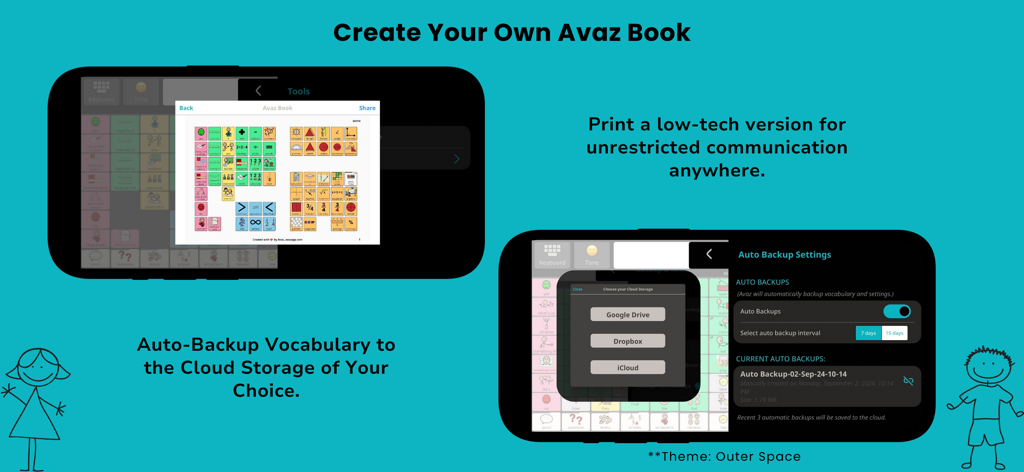 Interfaccia dell'app Avaz AAC che mostra la funzione di libro di comunicazione stampabile e le impostazioni di backup automatico nel cloud in modalità scura