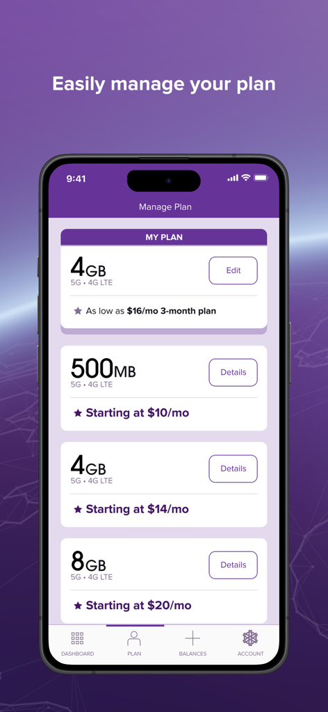 Ultra Mobile app screen showing various prepaid data plan options