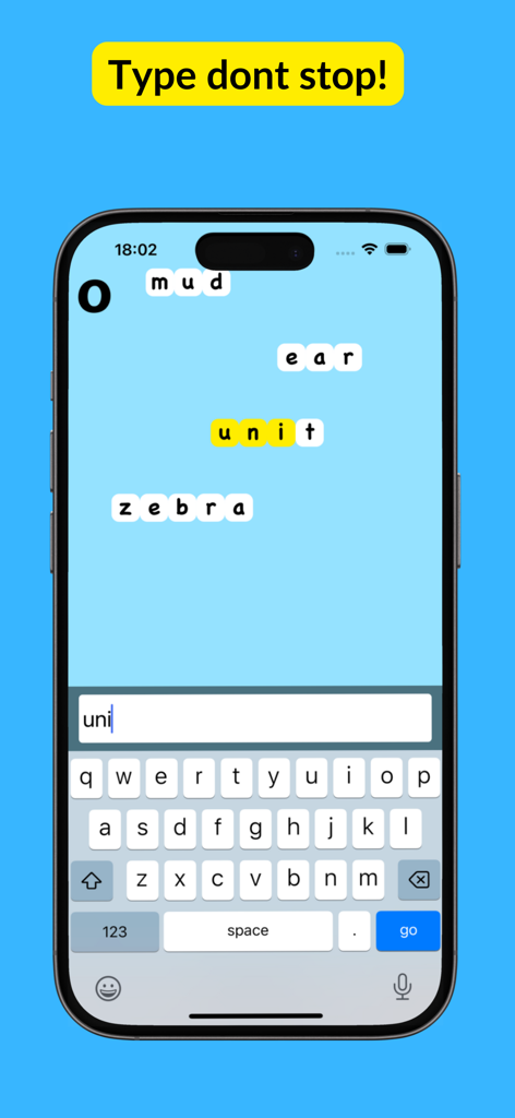 Type Don't Stop - Mobile screen showing the Type Don't Stop game with words falling and a keyboard at the bottom