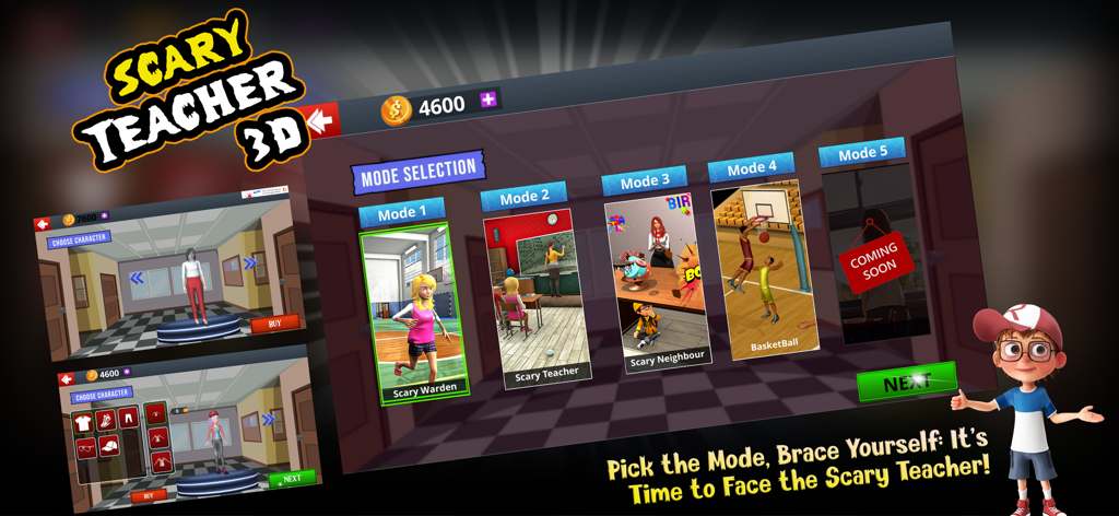 Scary Teacher: Escape Game 3D - Mode selection interface of Scary Teacher 3D showing different game options including Scary Warden and Scary Teacher