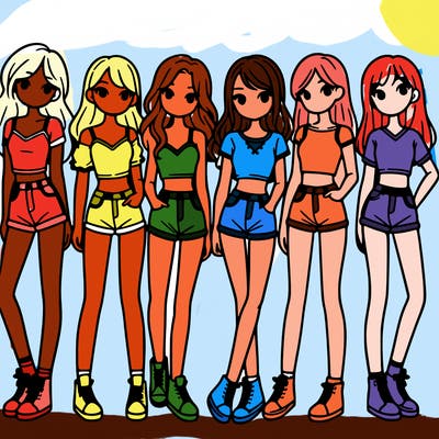 a group of girls wearing crop tops and shorts